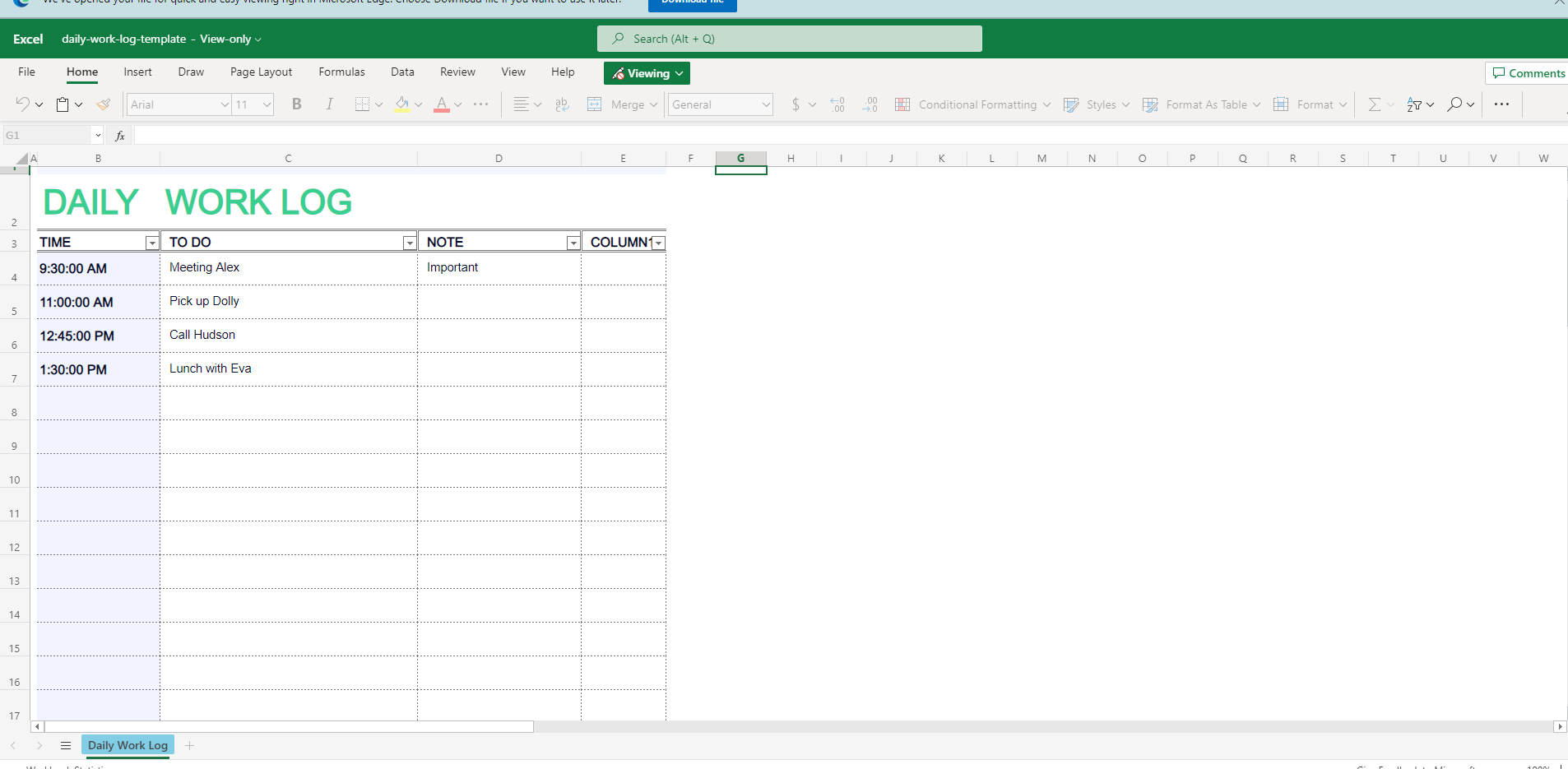 Screenshot of a sample blank Daily work log template