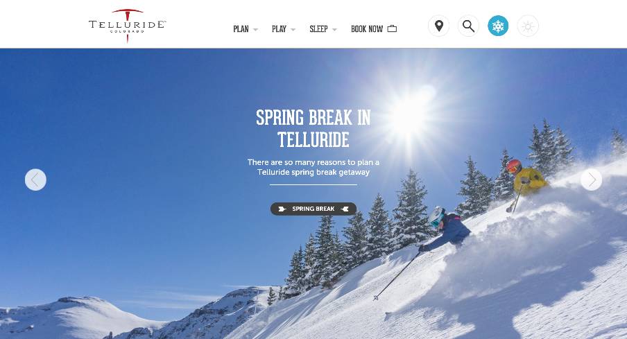 Homepage of Telluride travel website