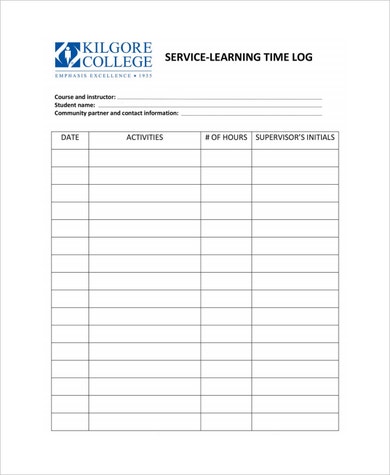Sample of a blank Service Learning Daily Time Log Template