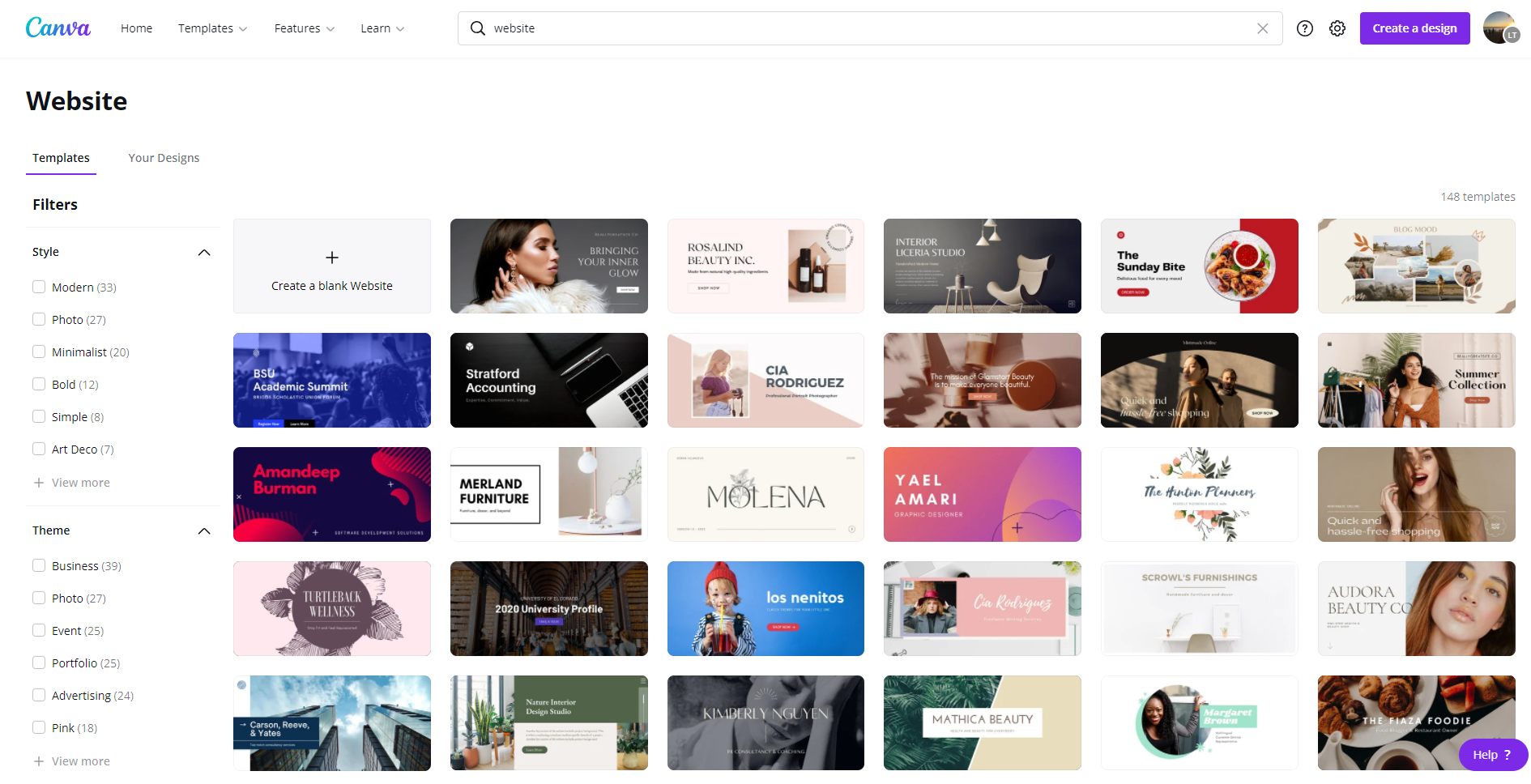 Different website templates available in Canva