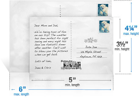 5-inch minimum length and 6-inch maximum and 3.5-inch minimum height and 4 and ¼ inch maximum for USPS postcard