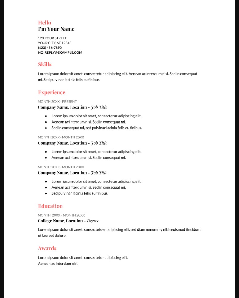 Sample of a Coral Resume Template Google Docs