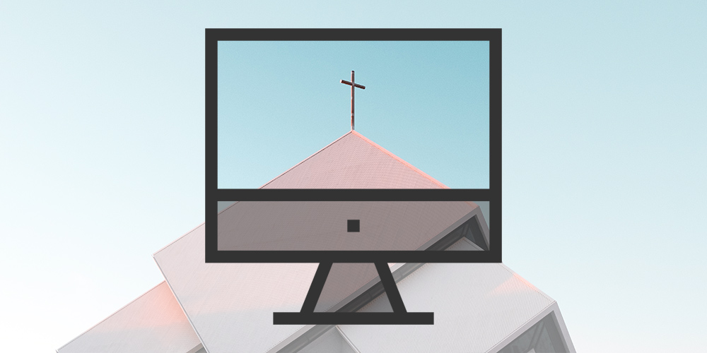 Symbol of a church with computer image above it