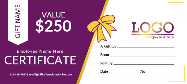 Blank sample of a Gift Certificate for Company Employee