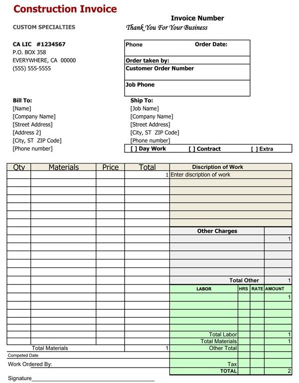 Sample of a blank construction invoice