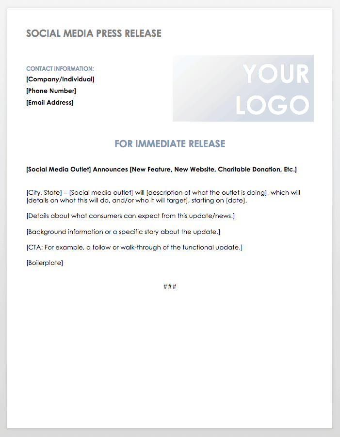 Blank sample of a Social Media Press Release Template