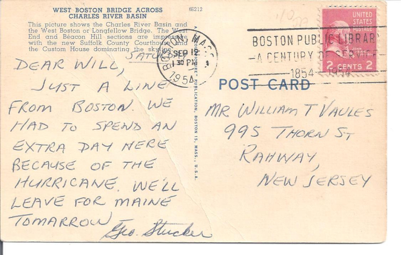 Back side of a postcard mailed to New Jersey on September 12, 1954 from Boston tells of delayed departure due to hurricane