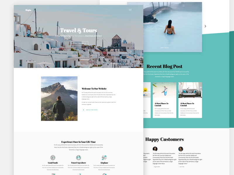 Sample pages of site using Hepta free travel website template.