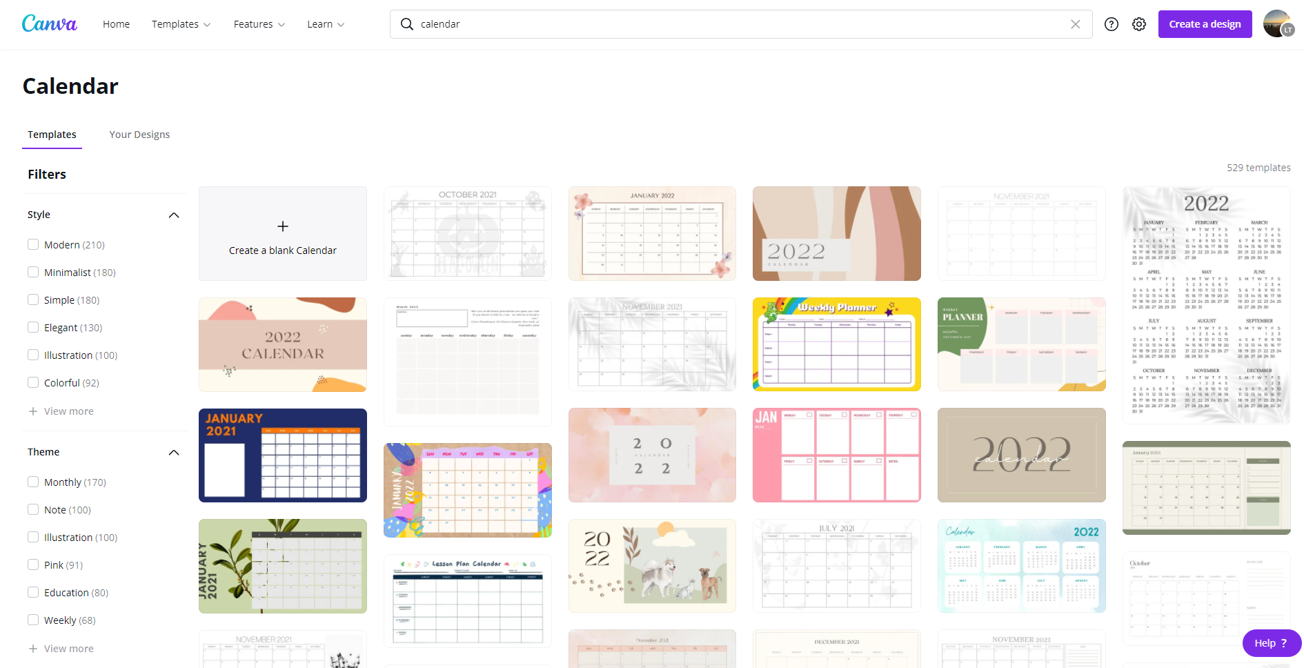 Different calendar templates available in Canva