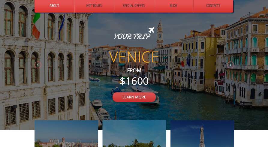 Homepage of a website using Your Trip travel website template