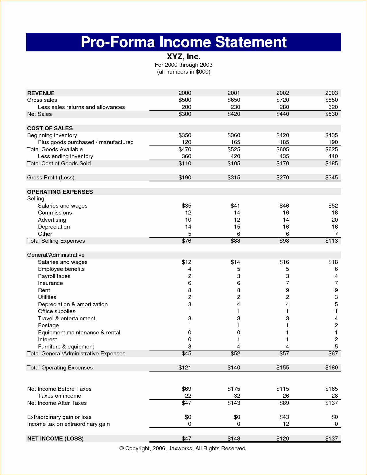 Sample Microsoft Excel pro forma income statement template