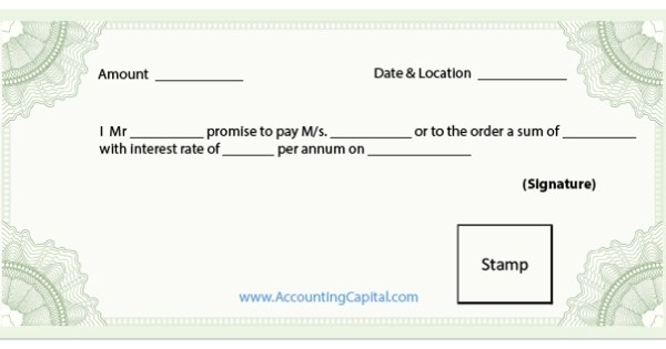 Blank copy of a sample promissory note template with section for stamp