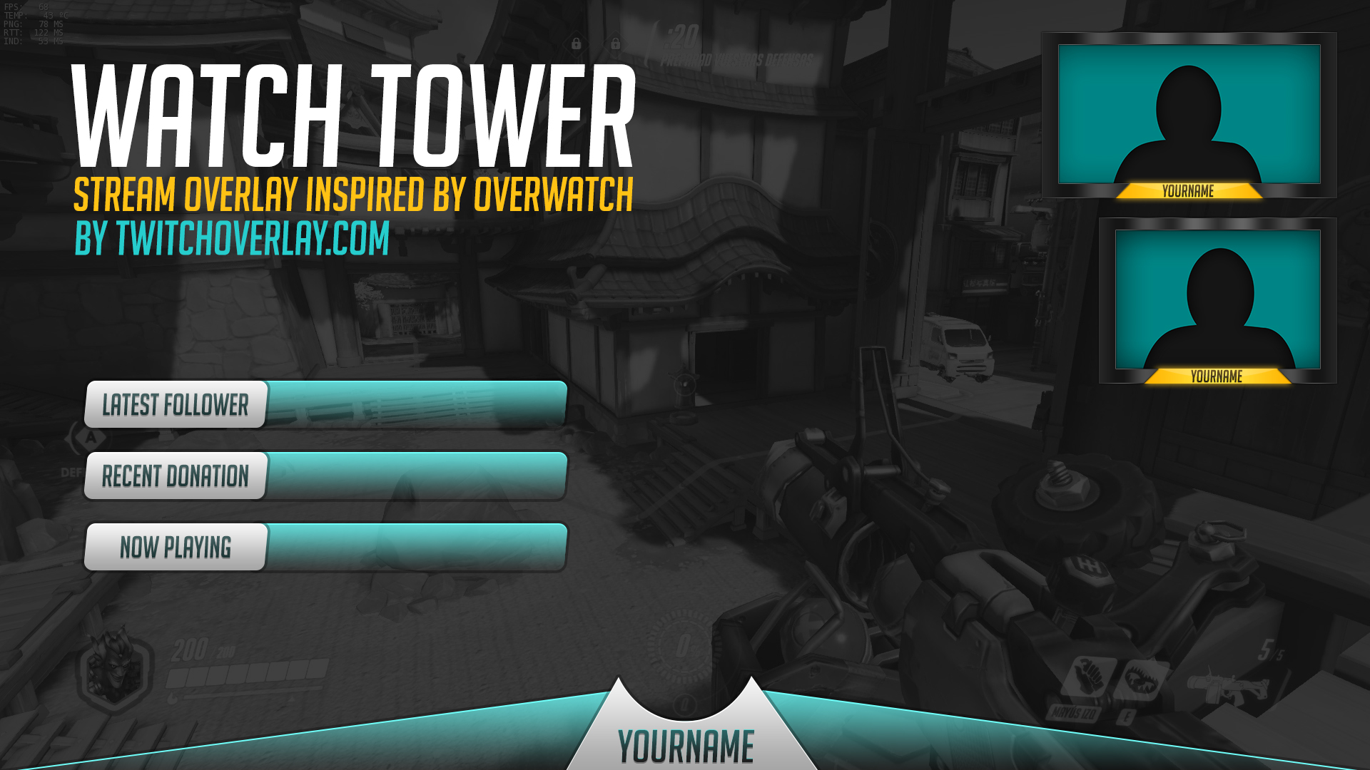 Our Overwatch Stream Overlay Pack template includes great-looking graphics that will enhance your Twitch stream.
