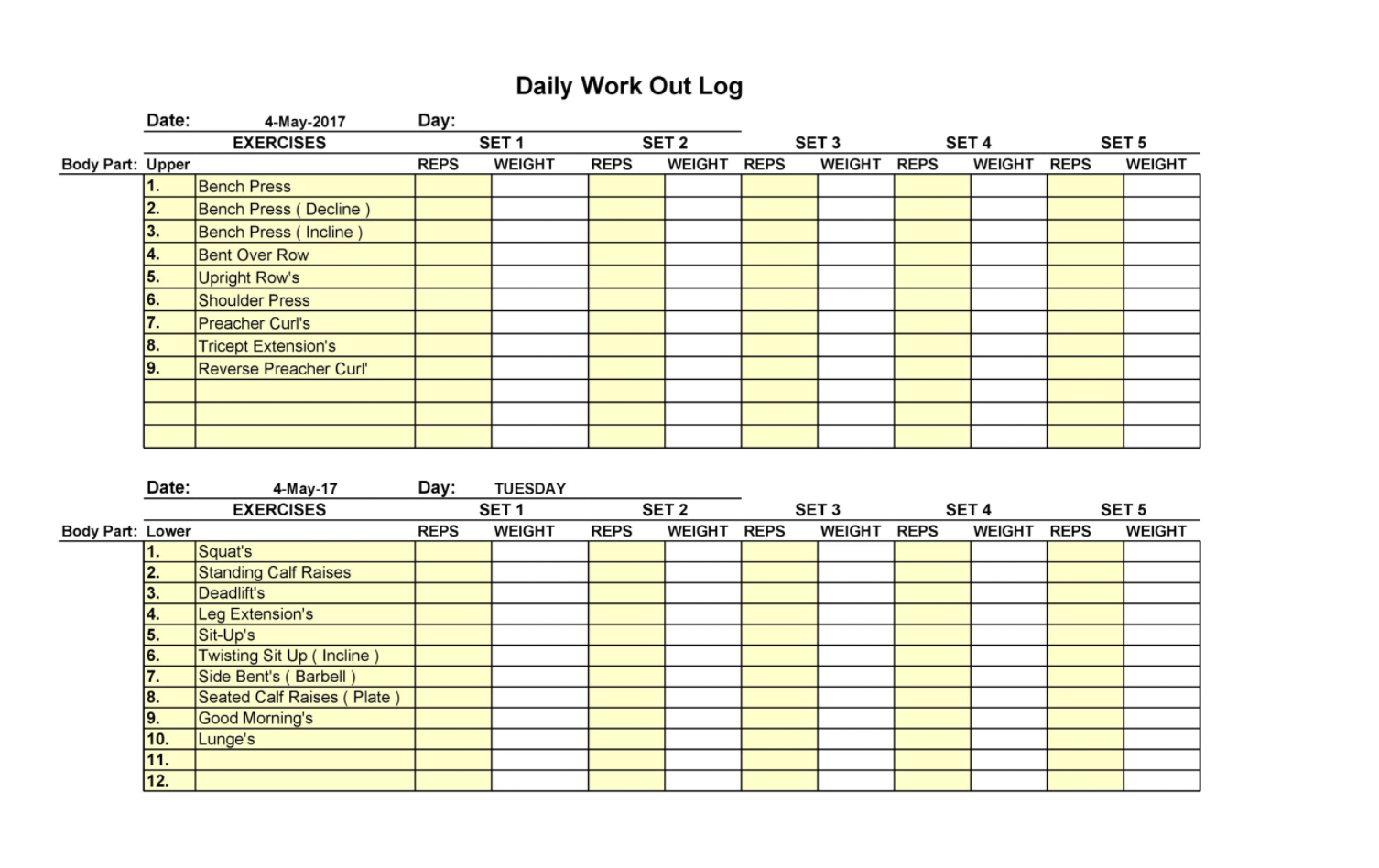 Blank sample of Daily Workout Journal Template