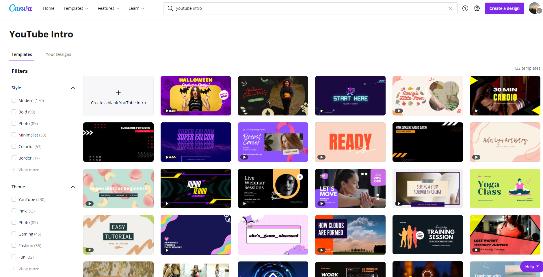 Different Youtube intro templates available in Canva
