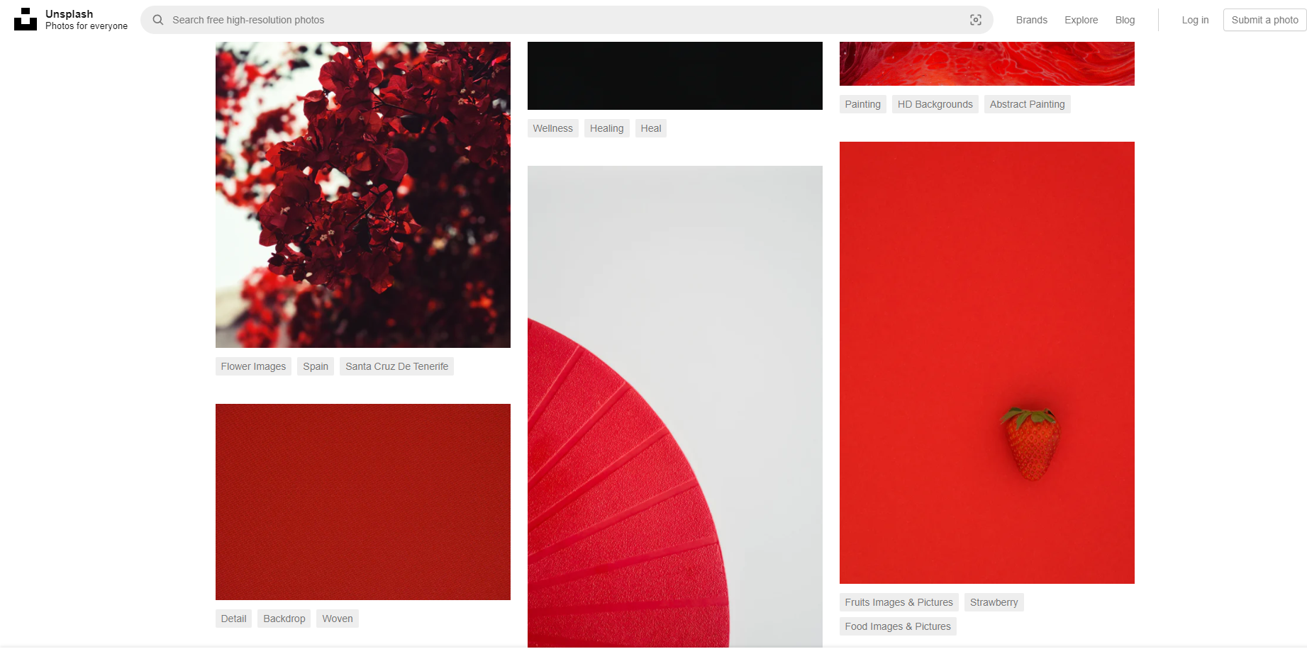 Screenshot of webpage of Unsplash red wallpapers