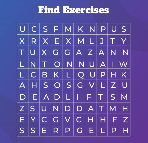 10x10 Find Exercises word search