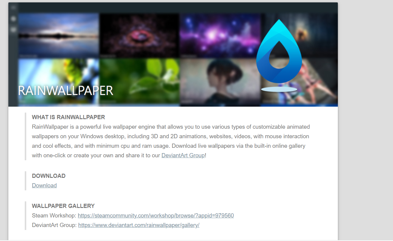 RainWallpaper is a powerful live wallpaper engine that allows you to use various types of customizable animated wallpapers on your Windows desktop, 