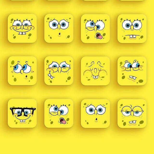 Rows of twelve different facial expressions of SpongeBob SquarePants against a yellow background