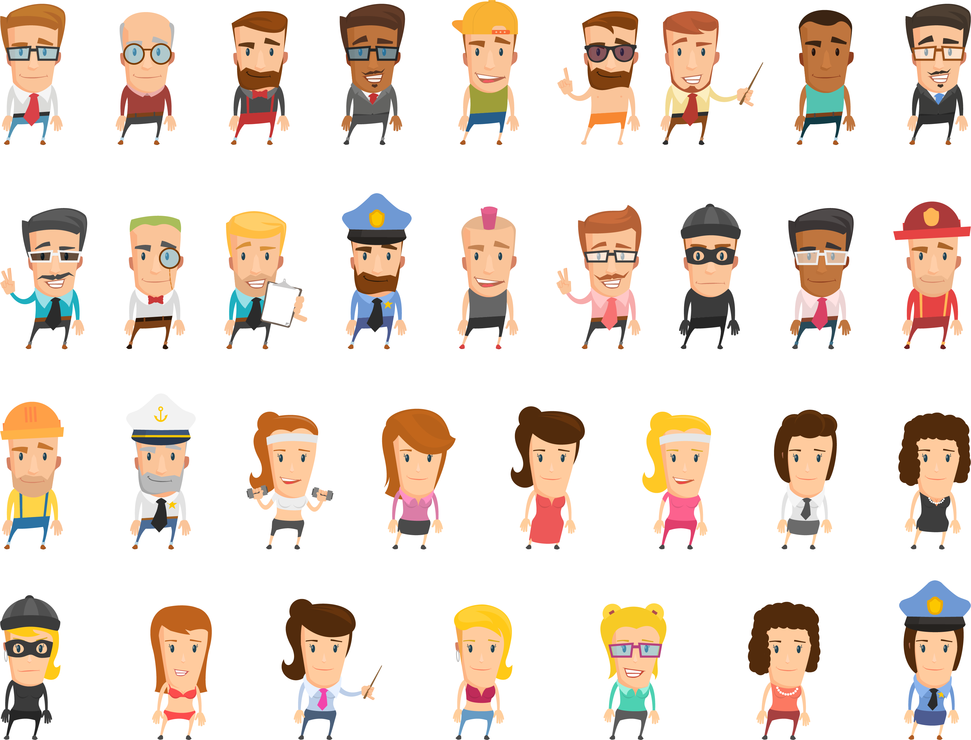 36 different male and female cartoon characters arranged in nine columns