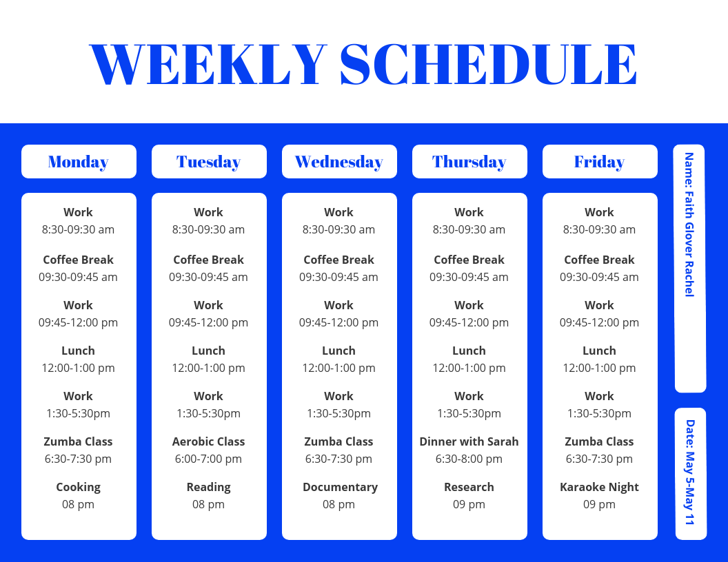 Class schedule template for teachers and students to keep a record ... It can be a simple weekly schedule or a complex, creative template