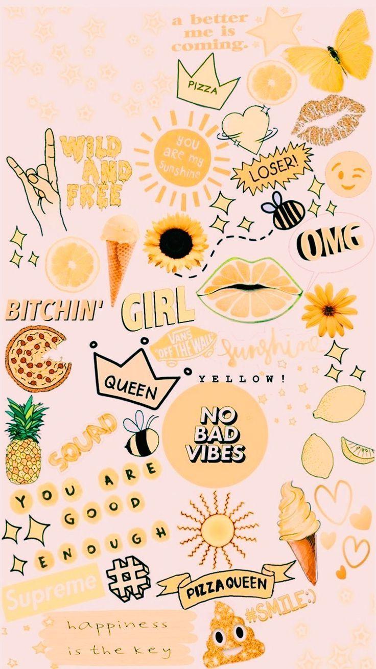 Cute Hippie Teenager Wallpaper With Pink And Gold Items And Phrases 
