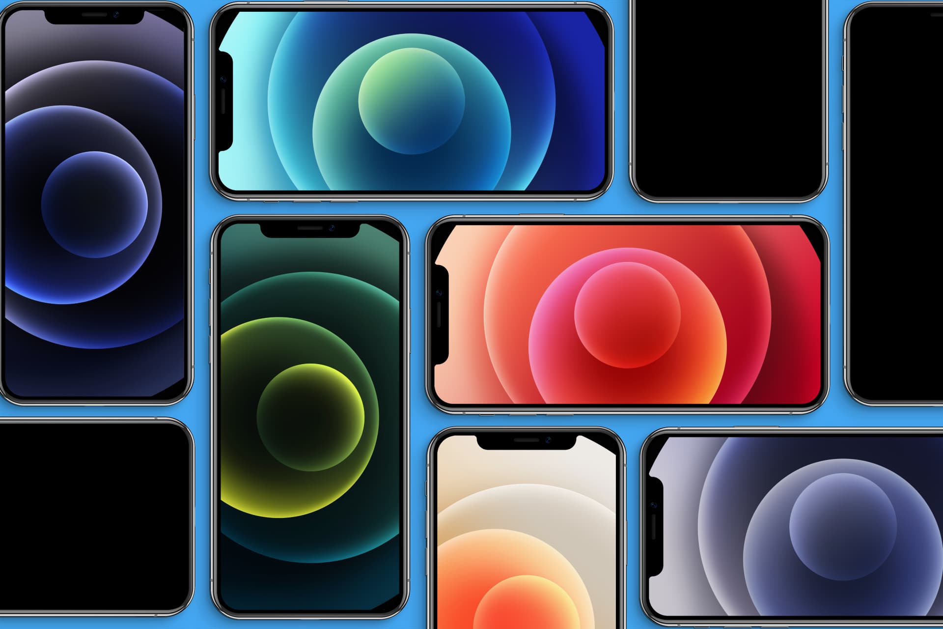 The new iPhone 12 wallpapers continue Apple's colorful design language with new options in blue, black, green, red, and white to match.