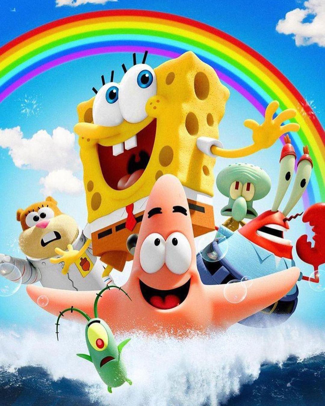 SpongeBob with Sandy, Squidward, Mr. Krabs, Patrick and Plankton coming out of the sea with a rainbow in the background