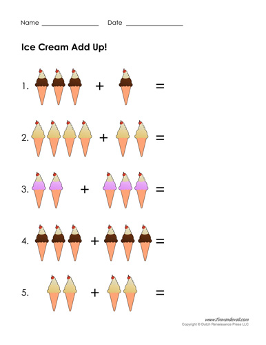 Addition worksheets for kids with ice cream images.
