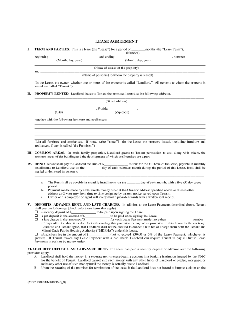 Blank copy of a lease agreement by Miami-Dade Public Housing Agency for a Florida property
