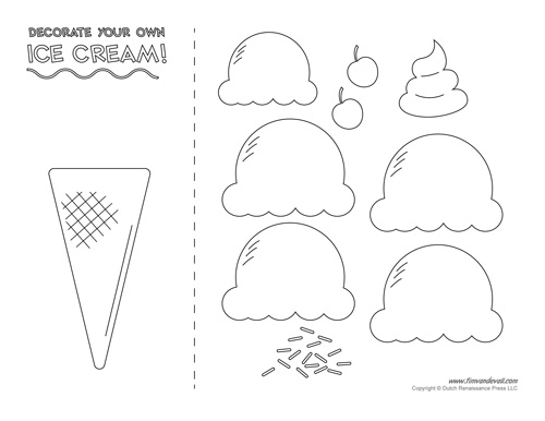 Draft of an ice cream cone, six ice creams, and two cherries.