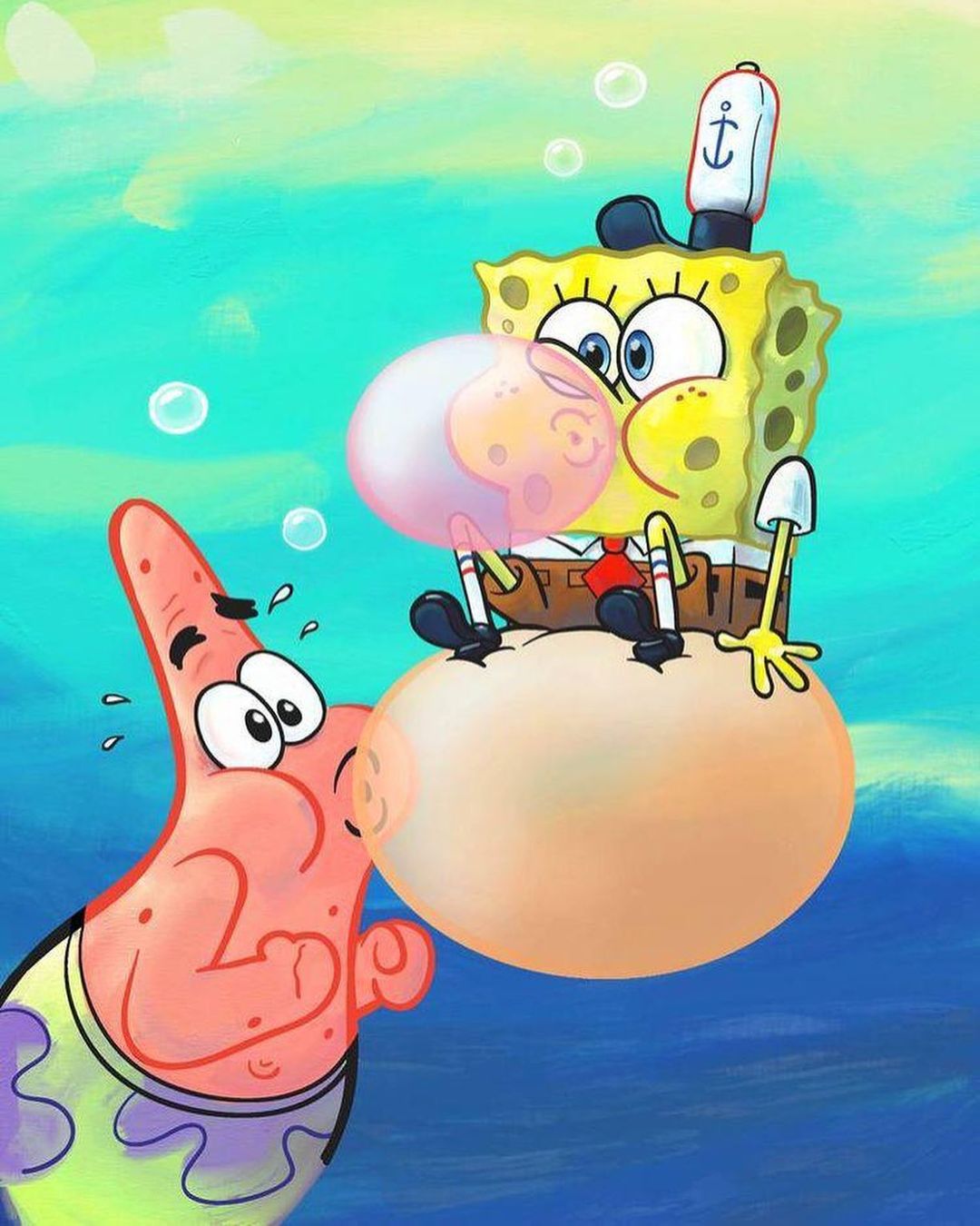 SpongeBob and Patrick blow their bubblegum, with SpongeBob sitting on Patrick’s bubble
