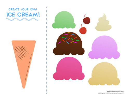 Ice cream cone and five colorful ice creams along with two cherries.