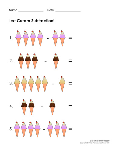 Subtraction worksheets for kids with ice cream images.