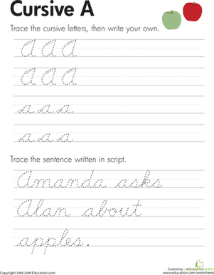 Writing worksheet template of cursive A