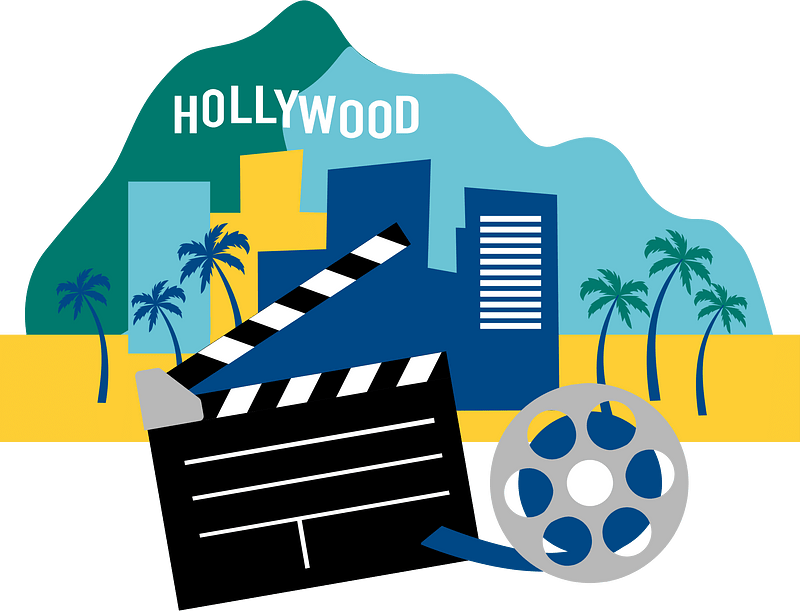 Clip art showing the word ‘Hollywood’ in uppercase letters, buildings, six palm trees, clapperboard and film roll