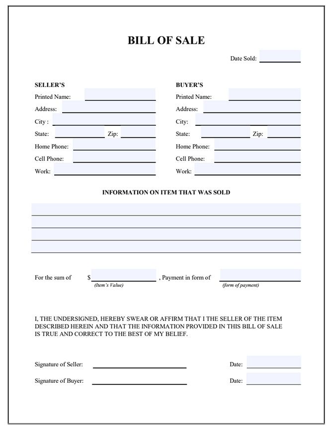 Blank form of a sample generic bill of sale template