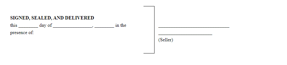 Part of a sample motor vehicle bill of sale template where seller affixes name and signature to validate clauses