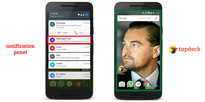 Tapdeck Notification panel w/ Leonardo de Caprio's face on other smartphone