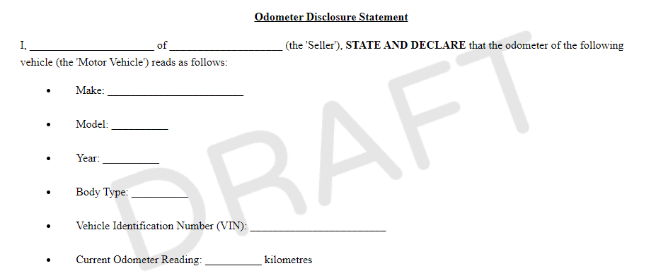 Part of a sample motor vehicle bill of sale template used in Australia showing seller's Odometer Disclosure Agreement