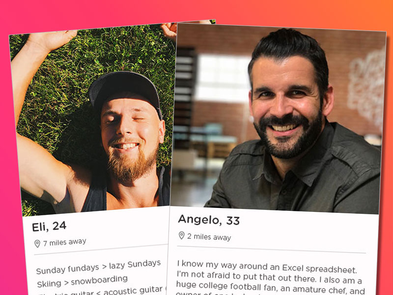 Dating profile template in which man is lying on the ground with smiling face and other man looking confident with smile