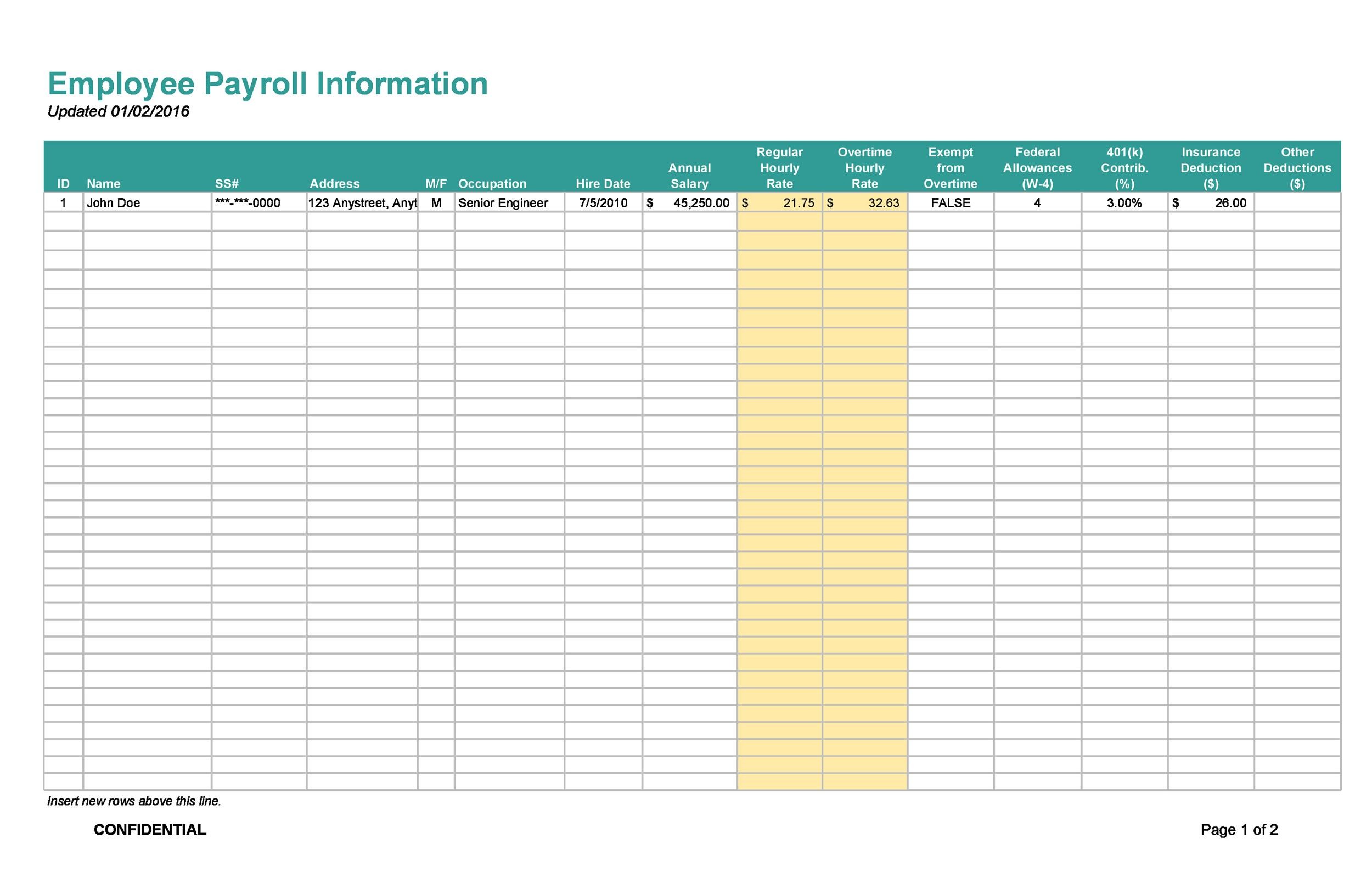 Employee Payroll Information in Excel sheet