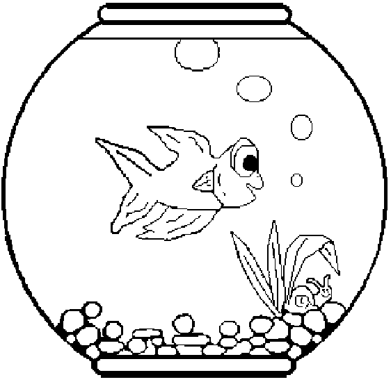 Fishbowl with a goldfish, bubbles, stones, and aquatic plants inside of it