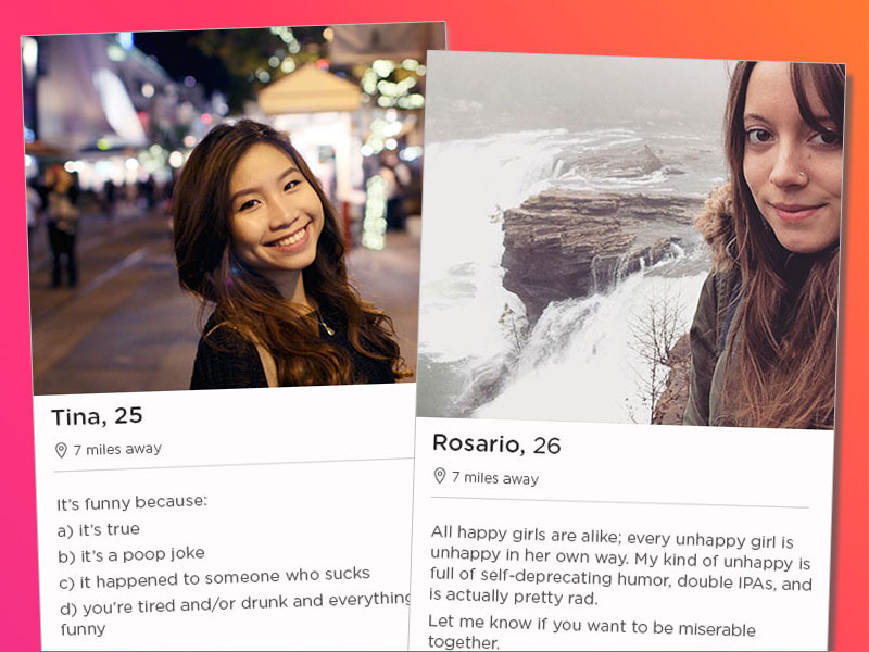 Dating profile template in which girl standing on crowdy place with smiling face and the other girl on seaside.