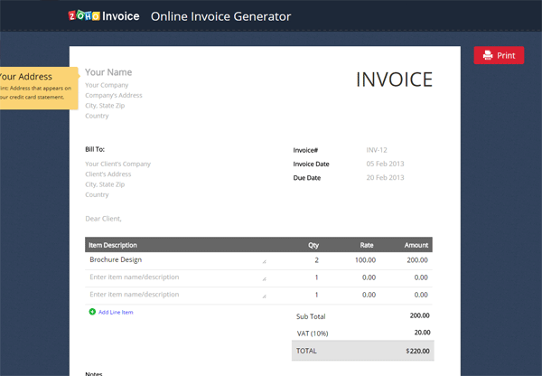 Online invoice generator shows a sample invoice