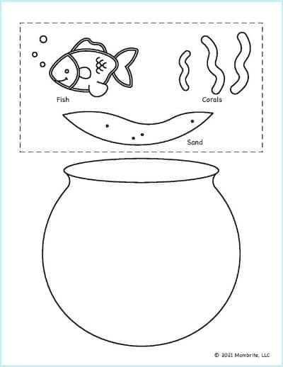 A worksheet with the outlines of a fish bowl, sand, corals, and fish in a plain white background