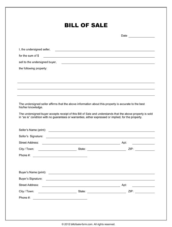 Blank form of a sample bill of sale template for a sales transaction on an 'as-is' basis
