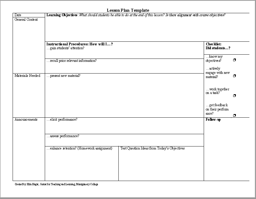 Blank lesson plan template sample with questions regarding learning objectives