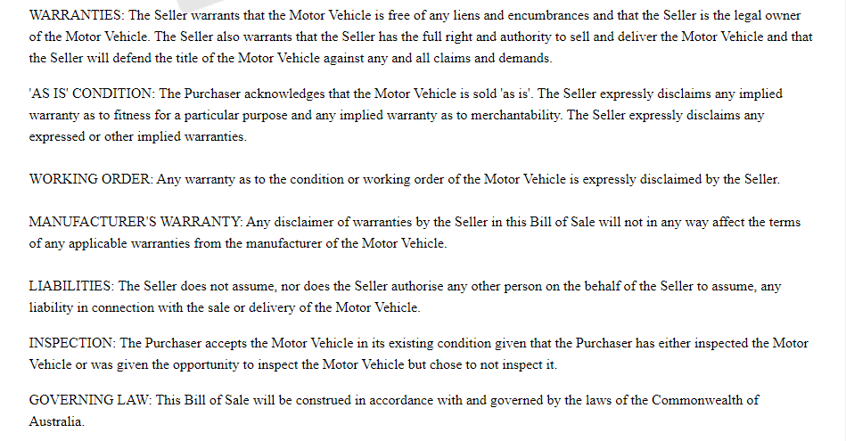 Second half of a sample motor vehicle bill of sale template showing warranties and other information