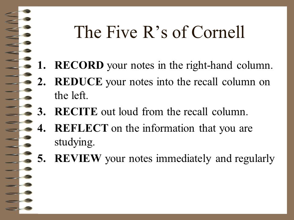 The Five R's of Cornell Drawn on a notepad page